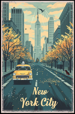 New York City Autumn Taxi Skyline Poster Vintage Wall Art