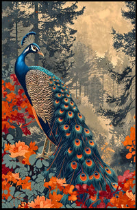 Majestic Peacock In Autumn Forest William Morris Art Poster