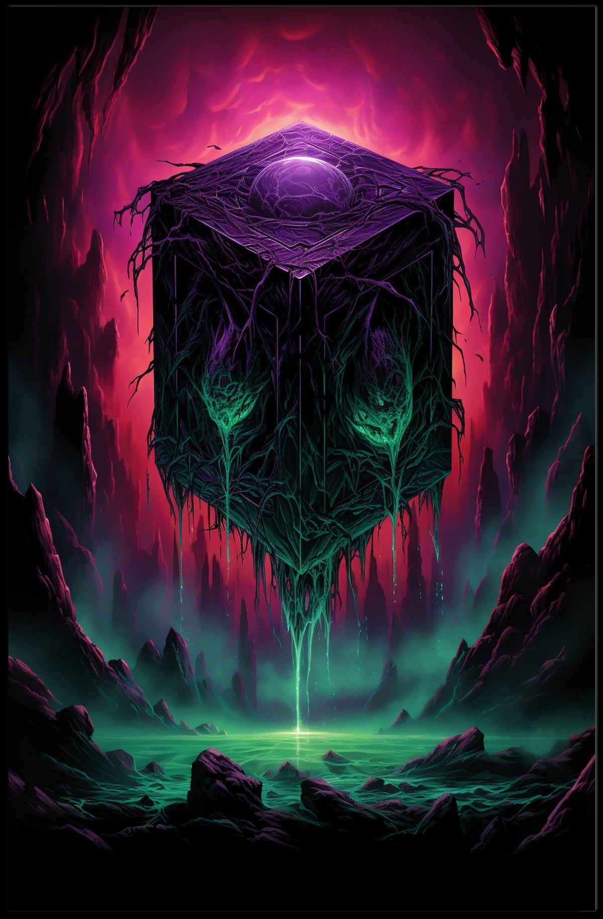 Mystical Cube In A Surreal Landscape Poster