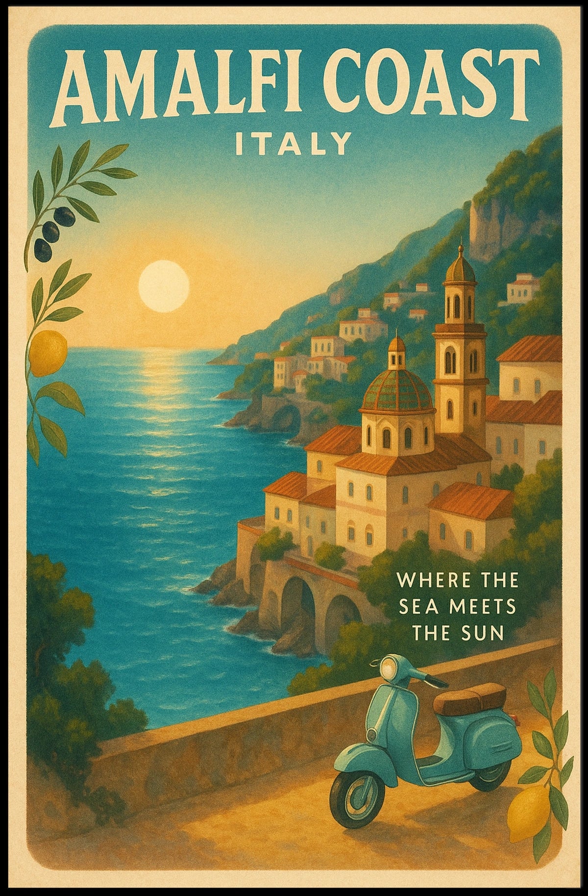 Amalfi Coast Vintage Travel Poster, Sunset Scene