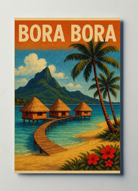 Bora Bora Vintage Huts Palm Tree Beach Travel Poster