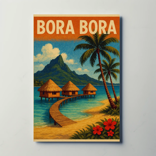 Bora Bora Vintage Huts Palm Tree Beach Travel Poster