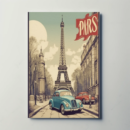 Paris Vintage Poster - Eiffel Tower & Classic Car