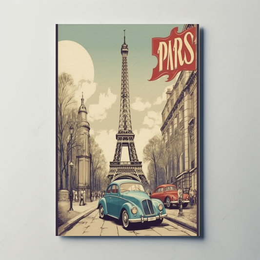 Paris Vintage Poster - Eiffel Tower & Classic Car