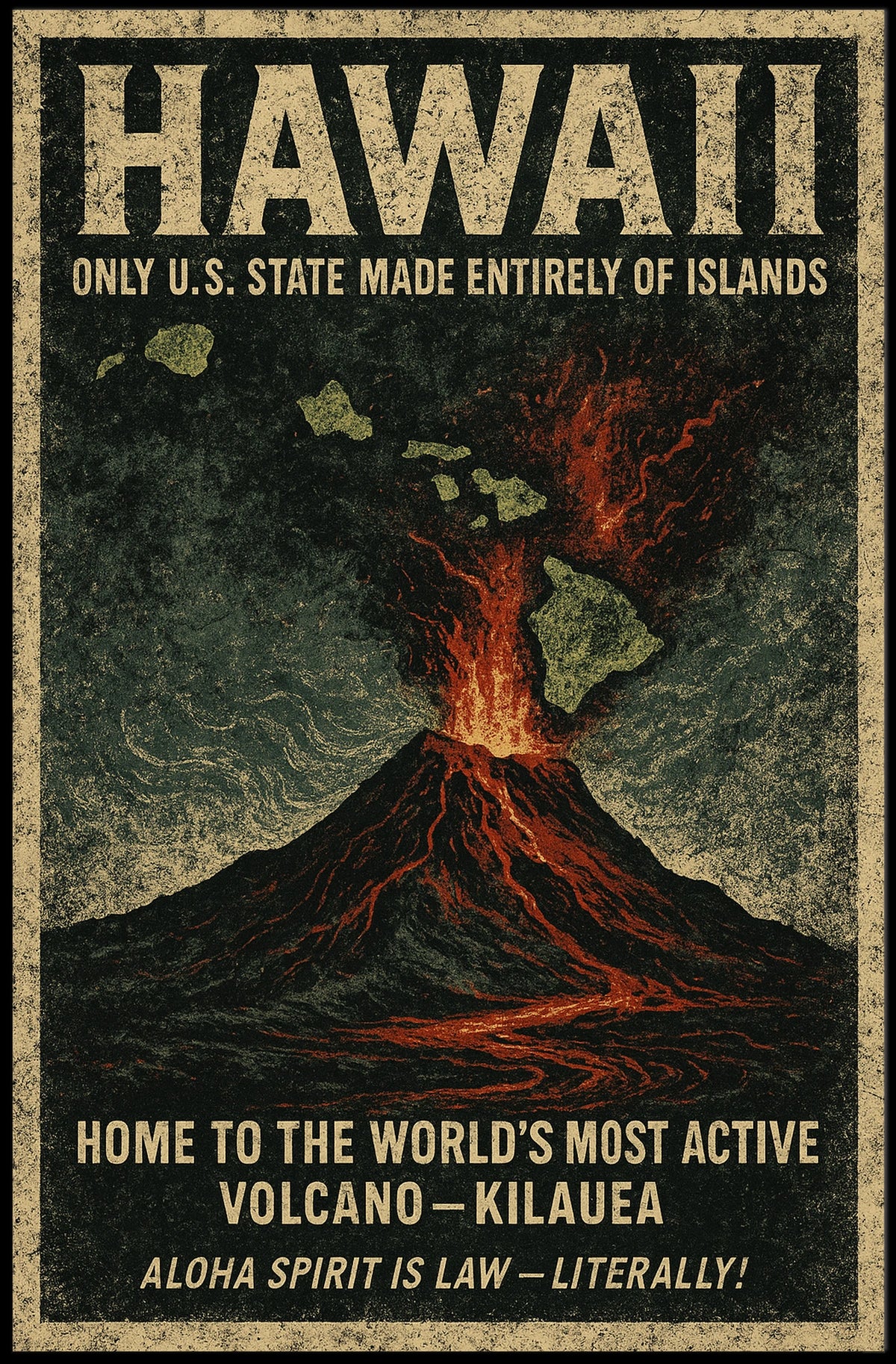 Hawaii Islands Vintage Volcano Adventure Poster
