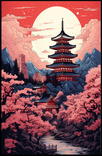 Tranquil Pagoda Under A Full Moon Poster