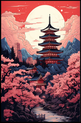 Tranquil Pagoda Under A Full Moon Poster