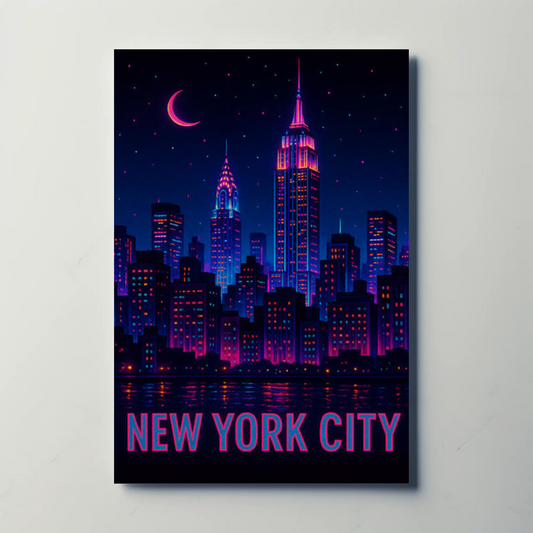 New York Neon Skyline Empire State Night Stars Travel Poster