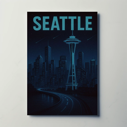 Seattle Futuristic Blue Night Skyline Space Needle Travel Poster