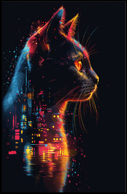 Neon Cat in Futuristic Cityscape Poster