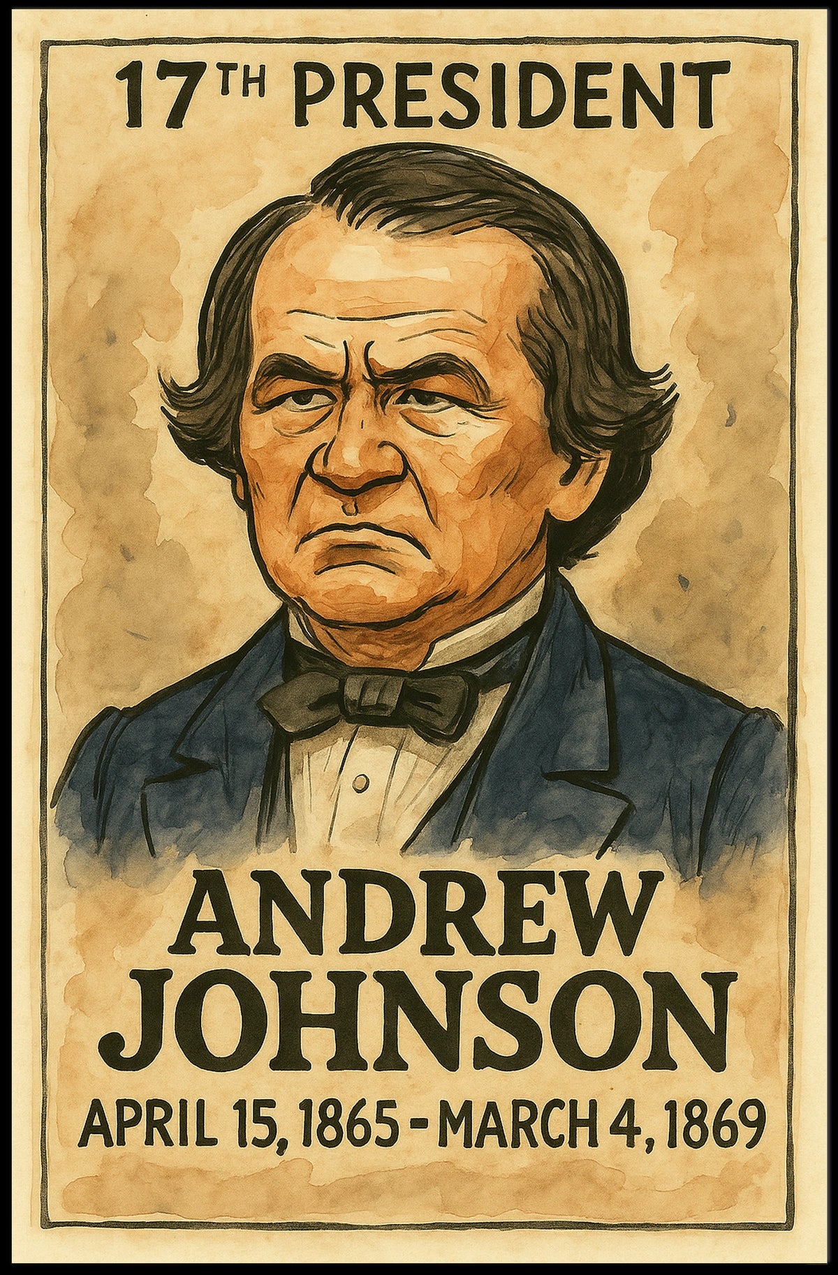 Andrew Johnson 17th President of the United States Exaggerated Cartoon Sketch Poster