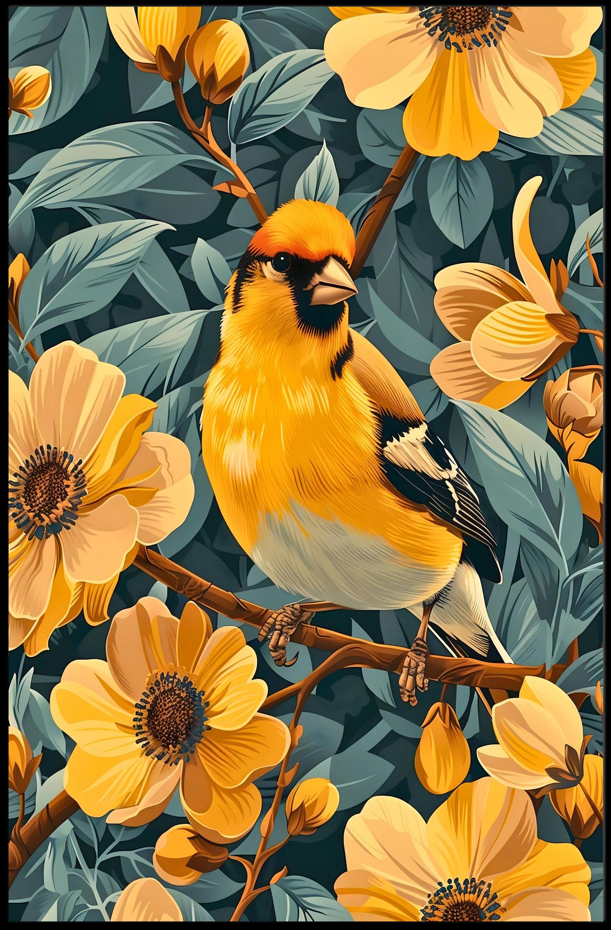 Golden Bird and Blossoms Wall Art Print