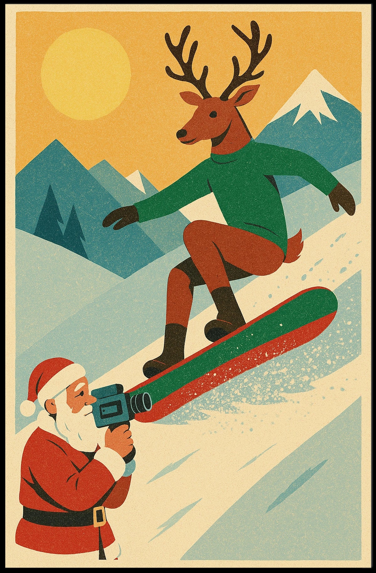 Reindeer Snowboarding Vintage Winter Adventure Poster