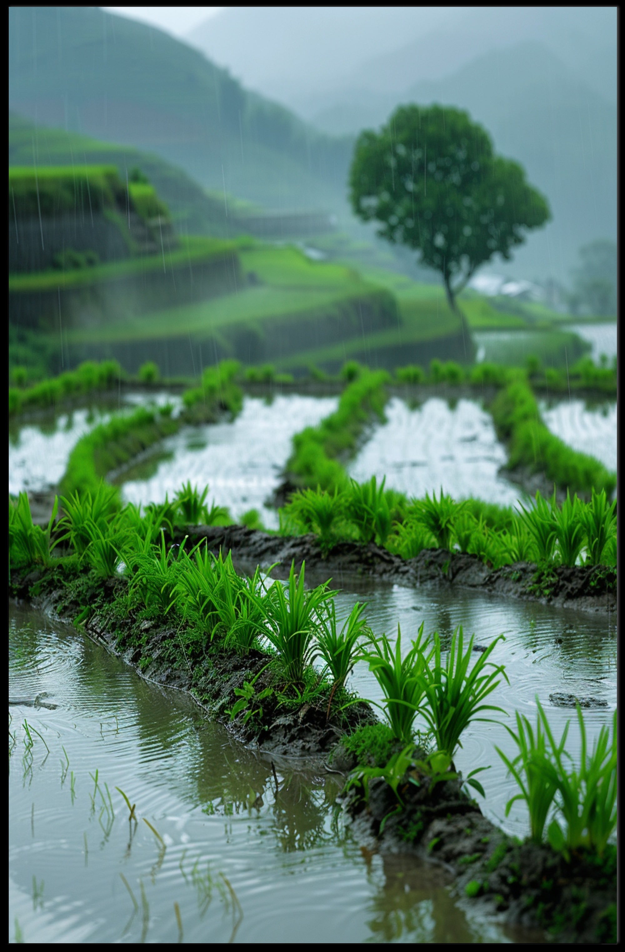 Peaceful Terraced Rice Paddies in Rainy Rural Landscape Poster PosterGoat