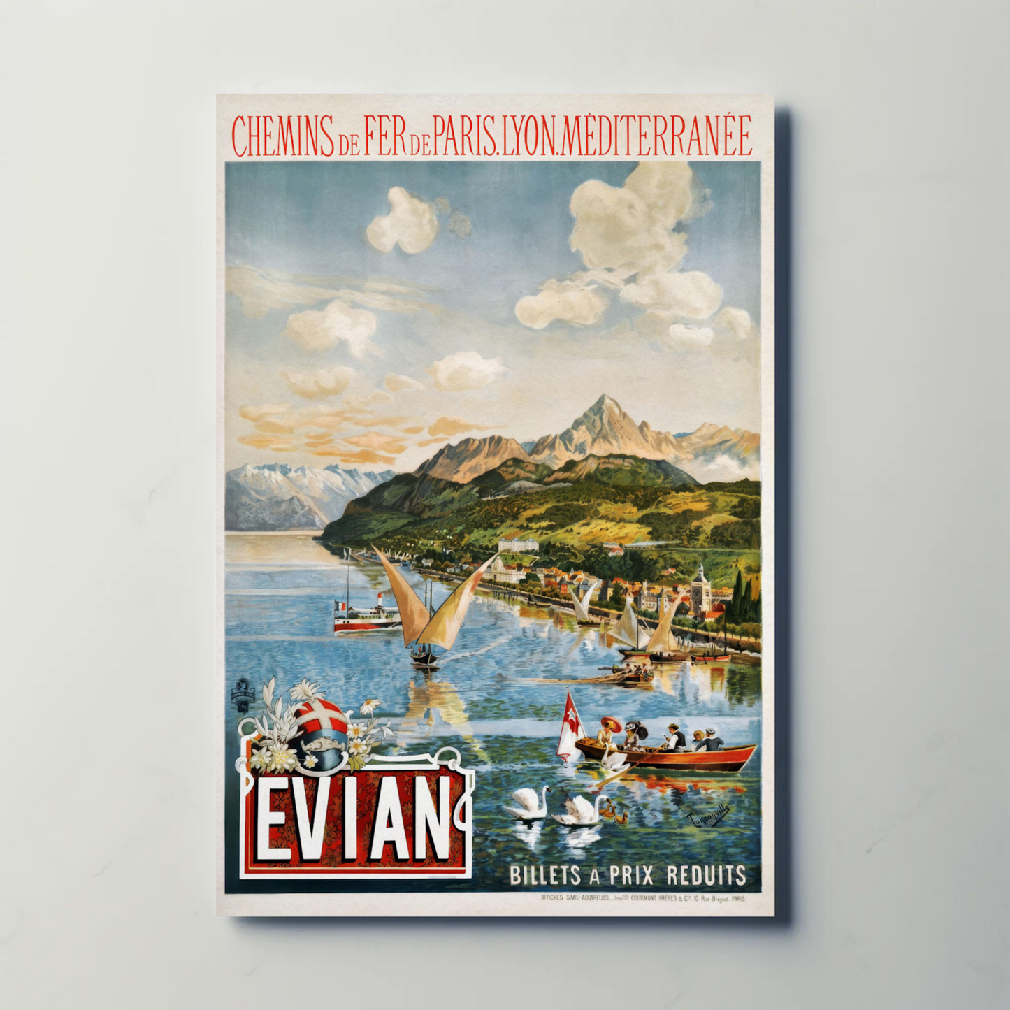 Evian Lake Boats Alps France Vintage Travel Poster