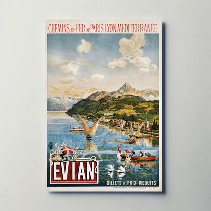 Evian Lake Boats Alps France Vintage Travel Poster