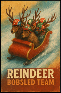 Whimsical Reindeer Bobsled Team Festive Sports Poster