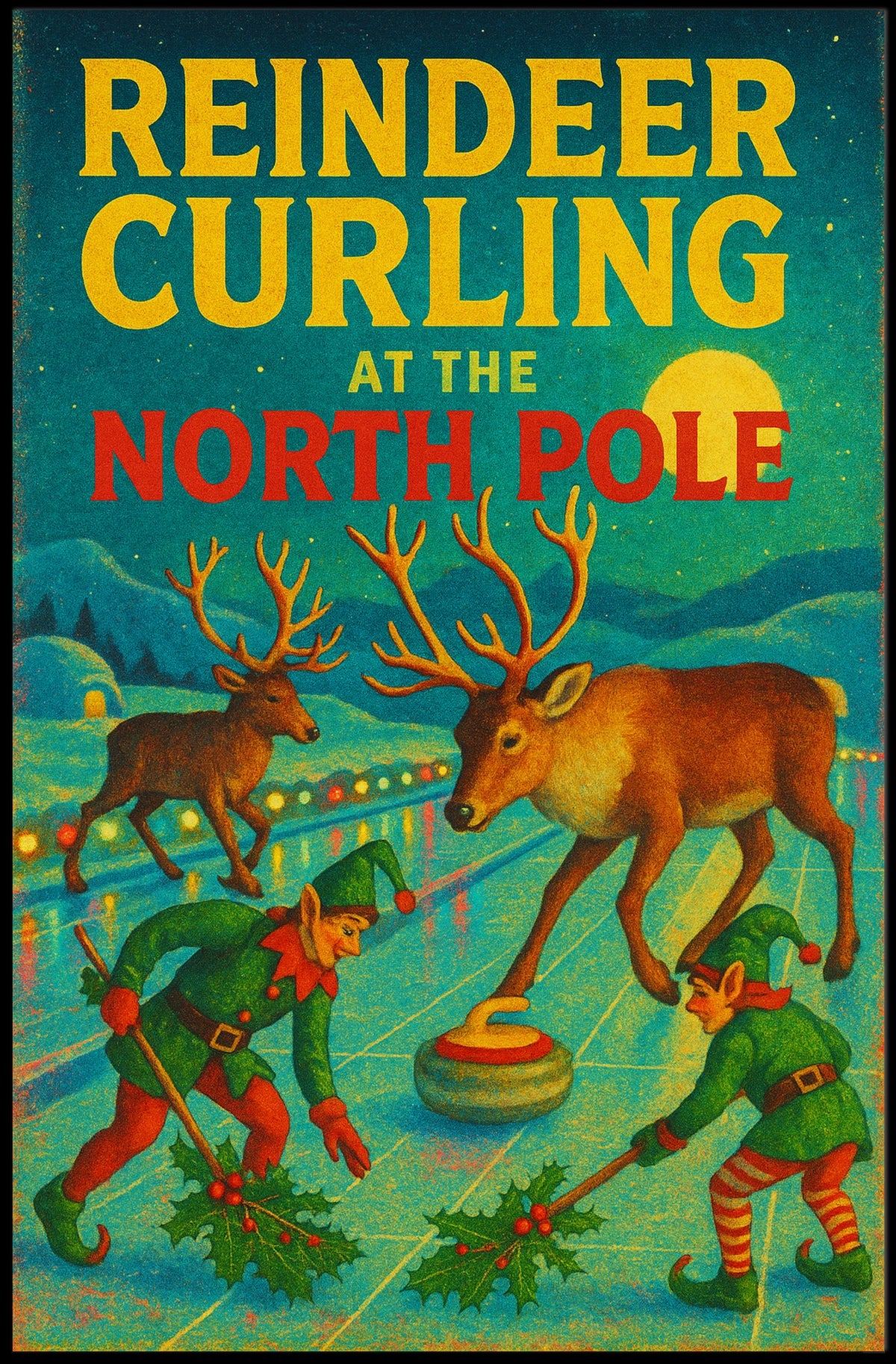 Reindeer Curling at the North Pole Poster