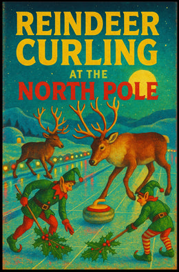 Reindeer Curling at the North Pole Poster