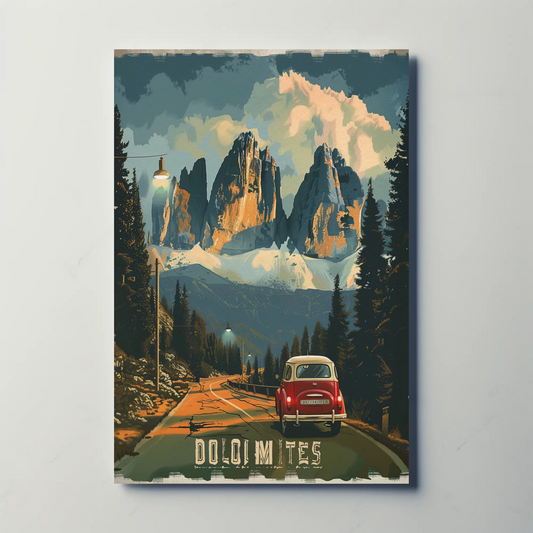 Dolomites Alps Vintage Roadtrip Travel Poster