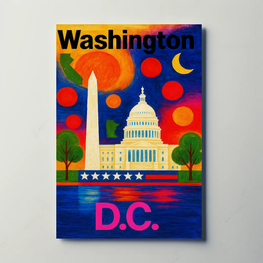 Washington DC Capitol Monument Colorful Night Travel Poster