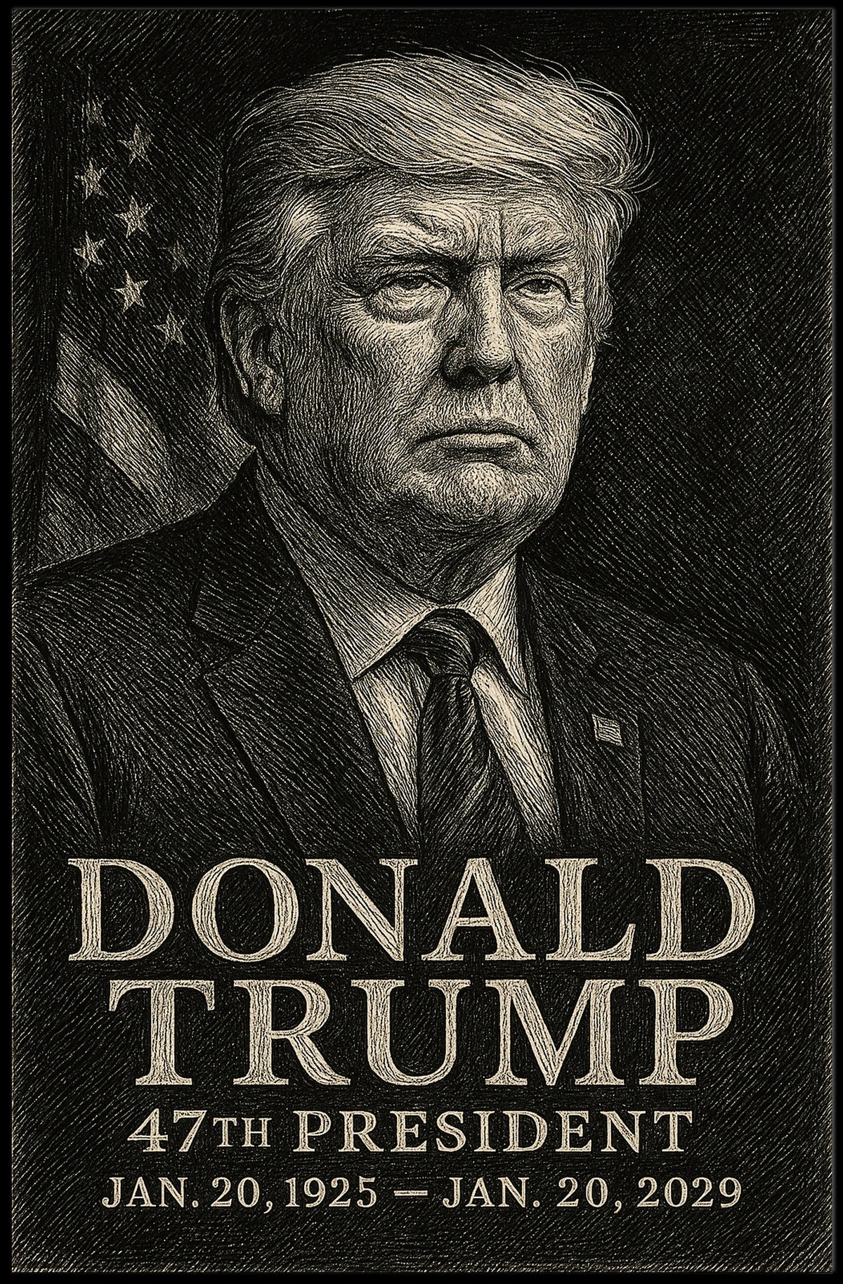 Donald Trump Presidential Leadership Vision Etching Art Style Patriotic Iconic Poster