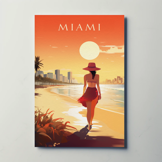 Miami Beach Sunset Woman Walking Travel Poster