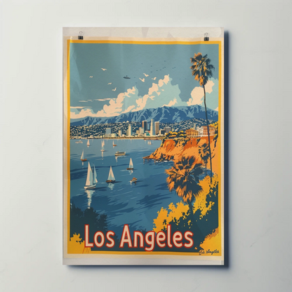 Los Angeles Coastline Sailboats Skyline Sunset Travel Poster