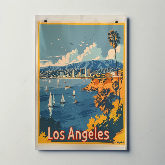 Los Angeles Coastline Sailboats Skyline Sunset Travel Poster