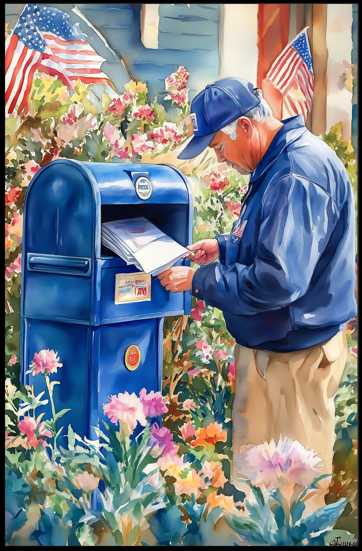 postal worker placing letters Poster