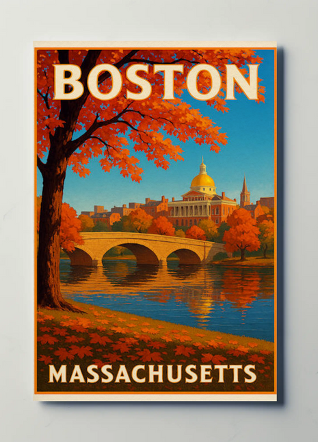 Boston Massachusetts Golden Dome River Scene Travel Poster