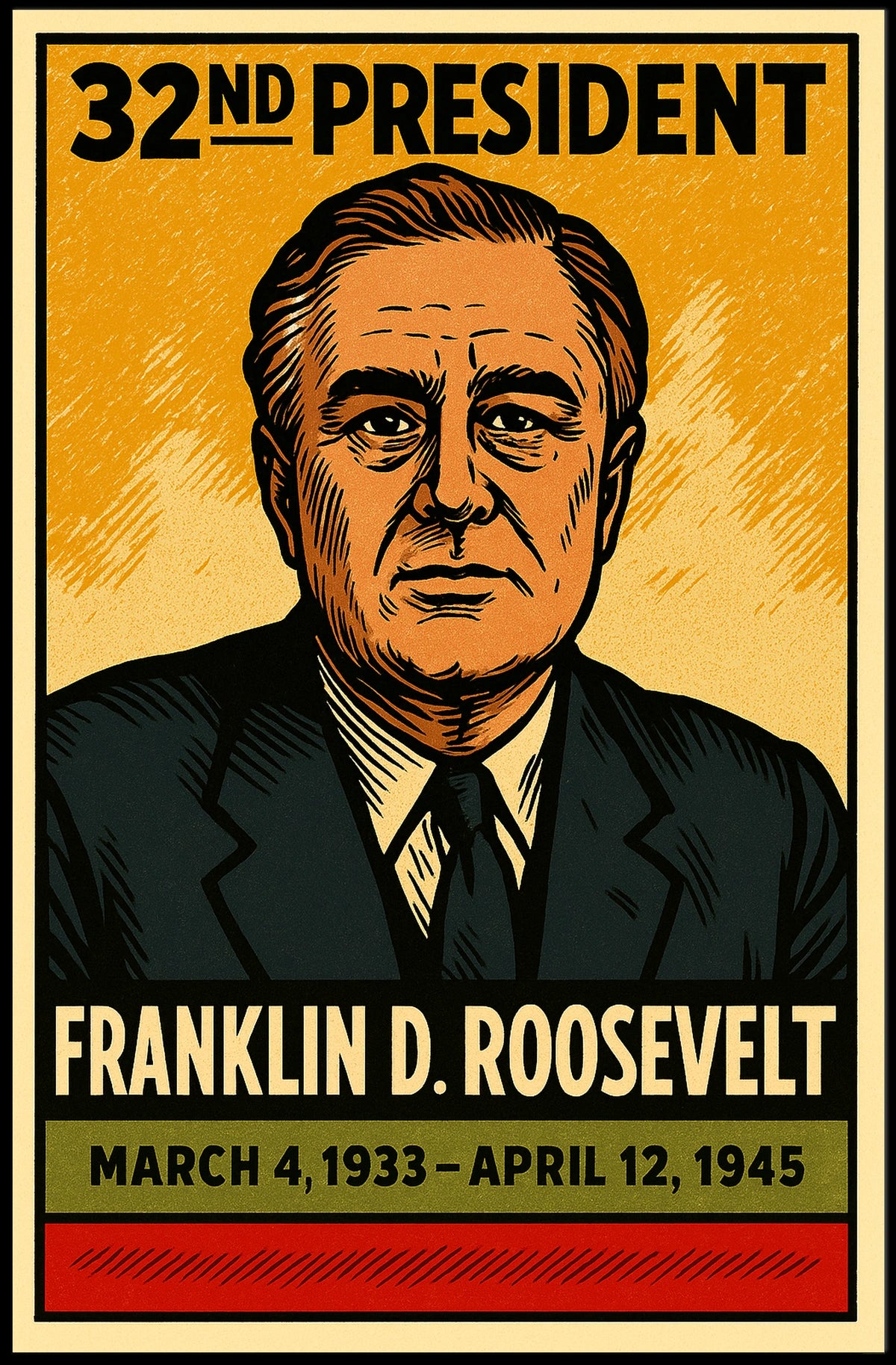 Franklin D. Roosevelt 32nd President of the United States Inked Comic Style Poster