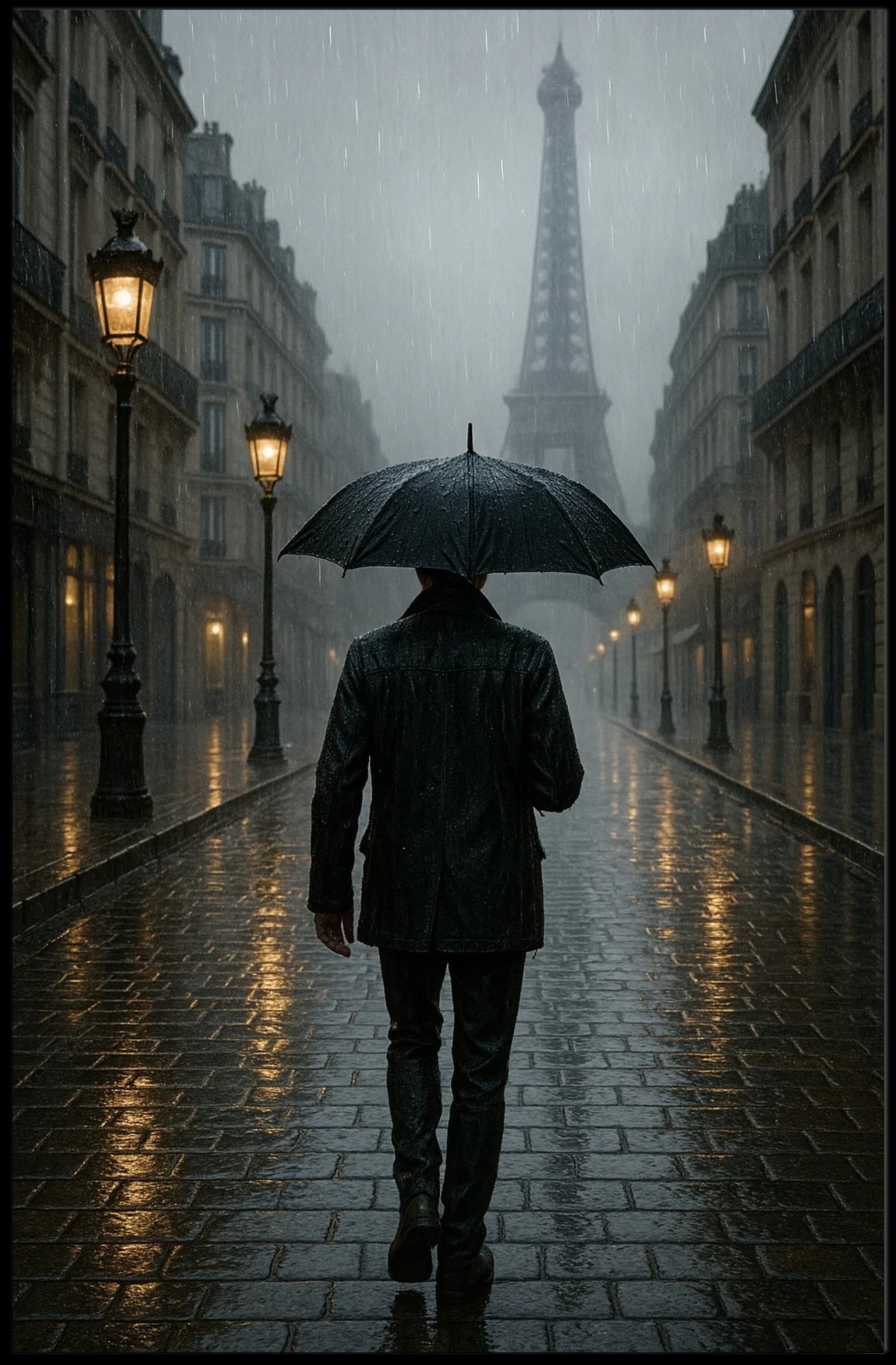 Parisian Rain: Atmospheric Urban Cityscape Poster