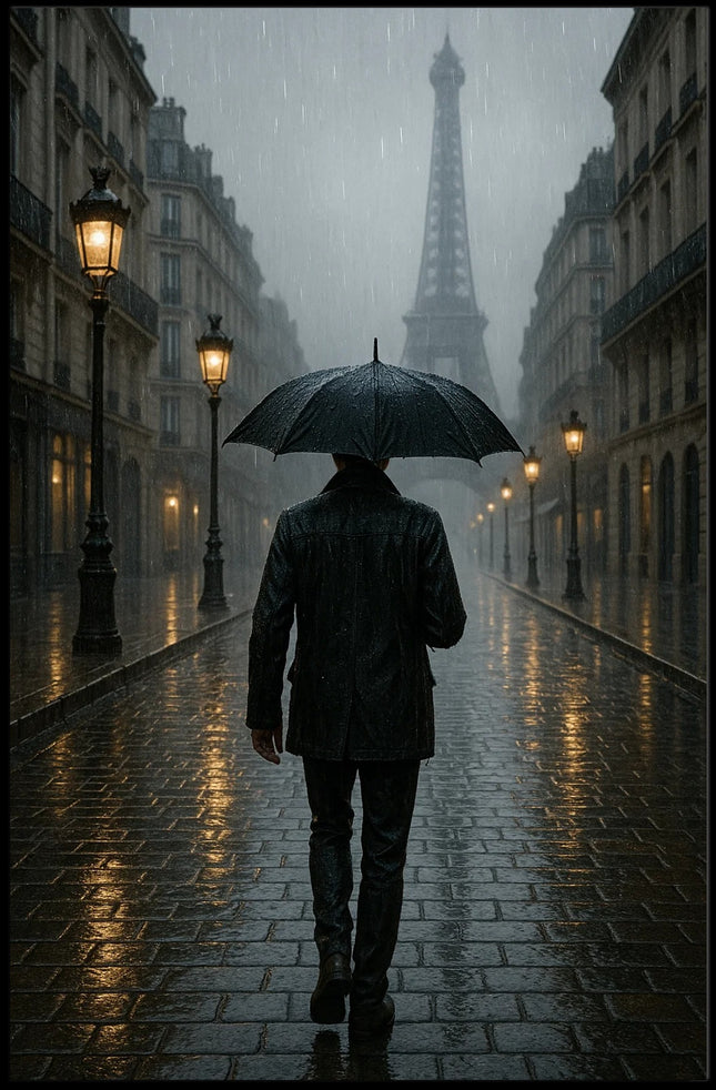 Parisian Rain: Atmospheric Urban Cityscape Poster