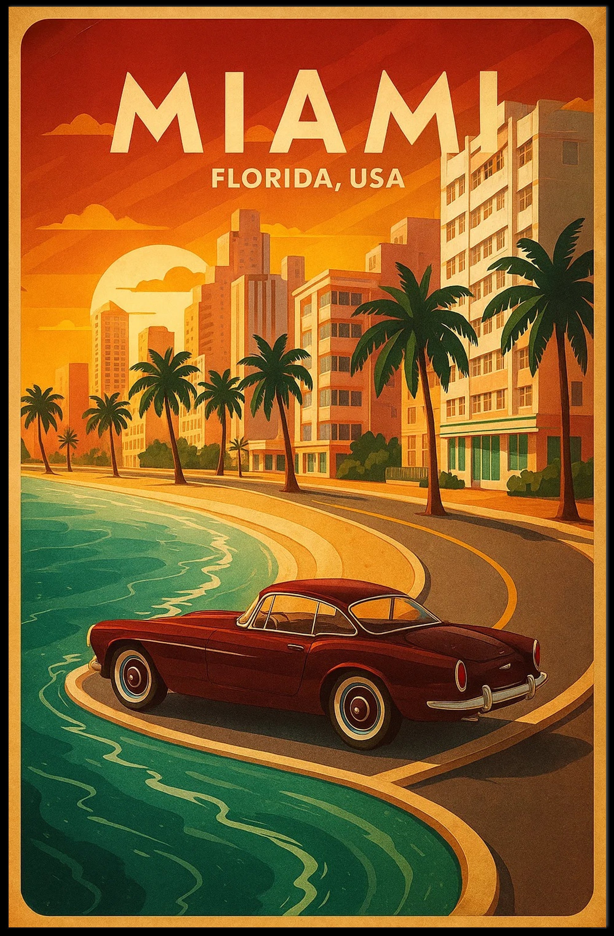 Miami Coastal Drive Vintage Travel Advertisement Poster