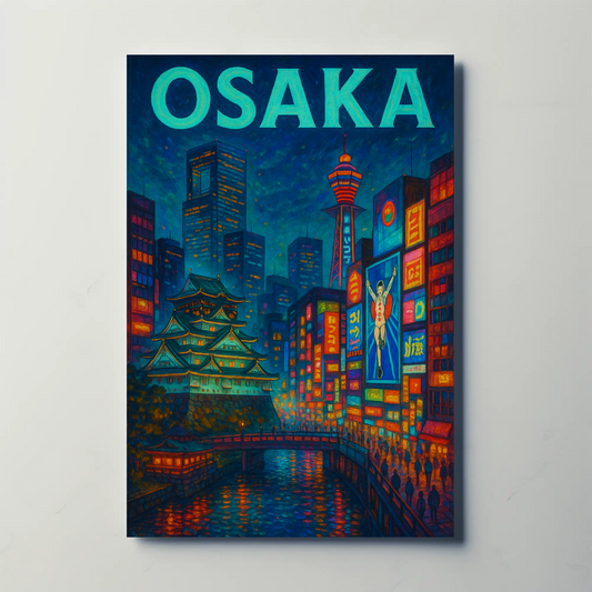 Osaka Neon and Castle Night Travel Poster