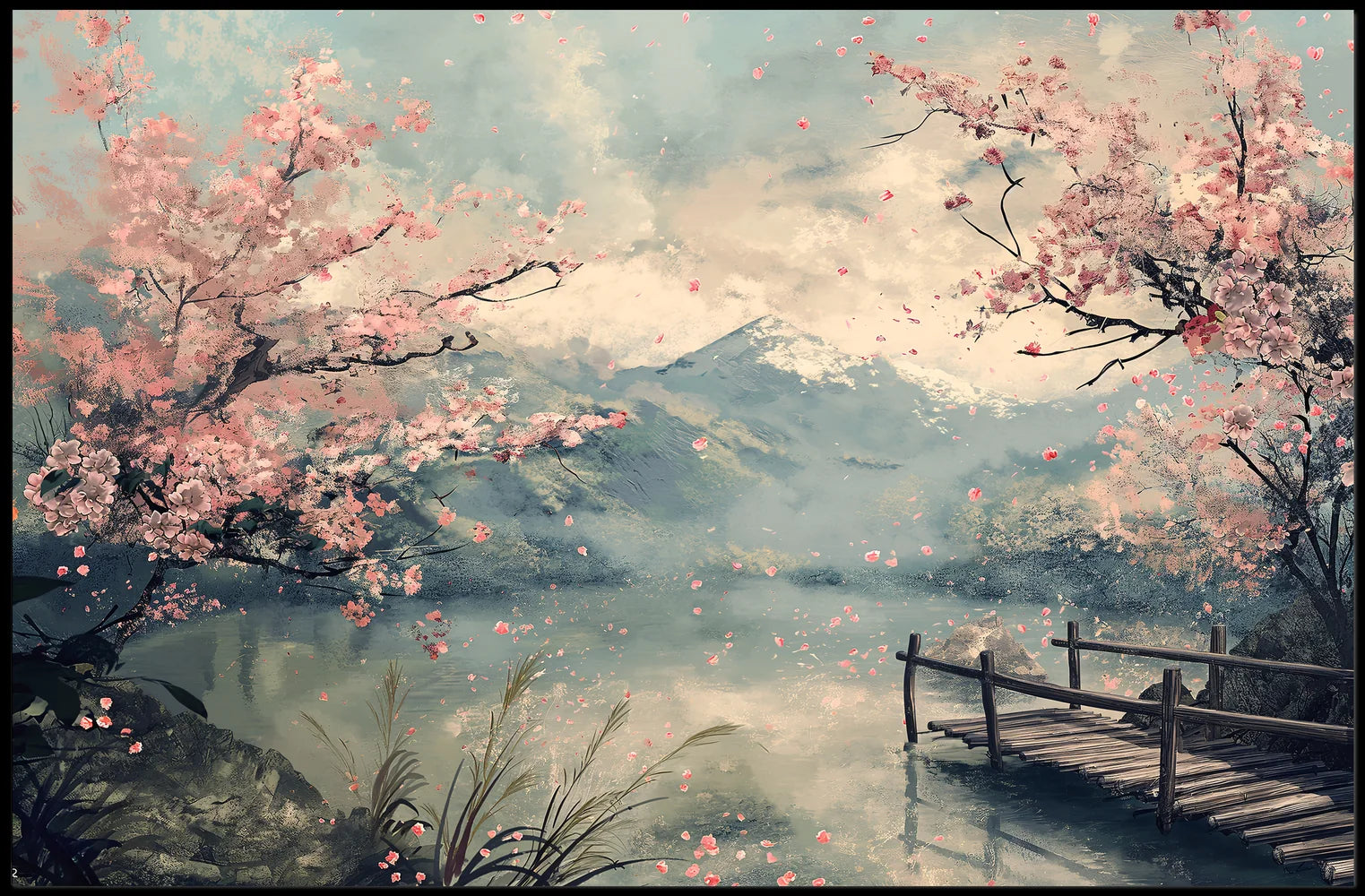 Serene Cherry Blossom Lake: Japanese Impressionist Poster