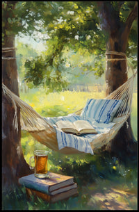 Relaxing Outdoor Hammock Between Trees With Books Poster