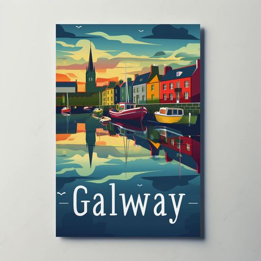 Evening Harbor Scene Galway Ireland Travel Poster