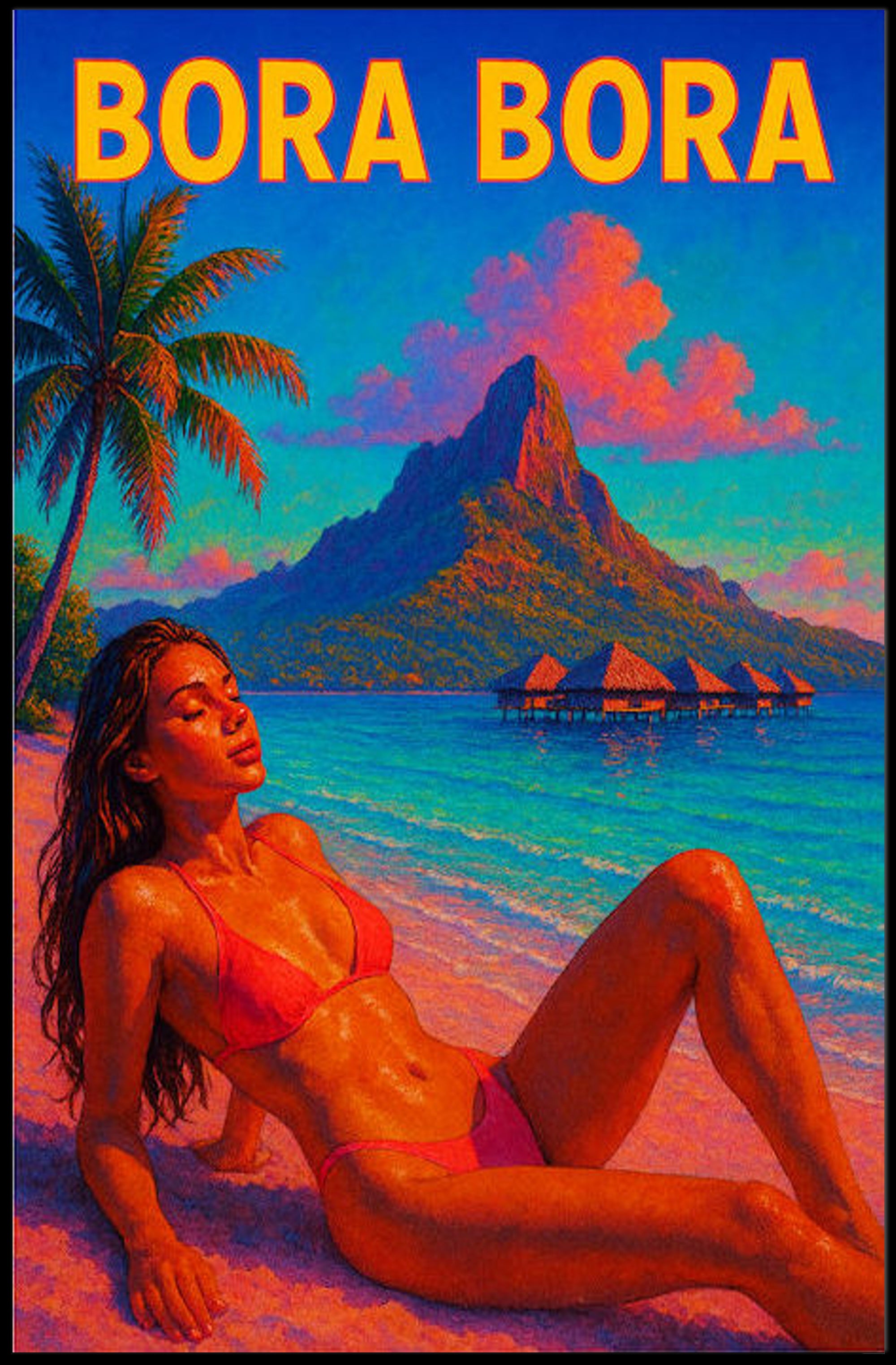 Vibrant Bora Bora Beach Scene in Travel Poster PosterGoat