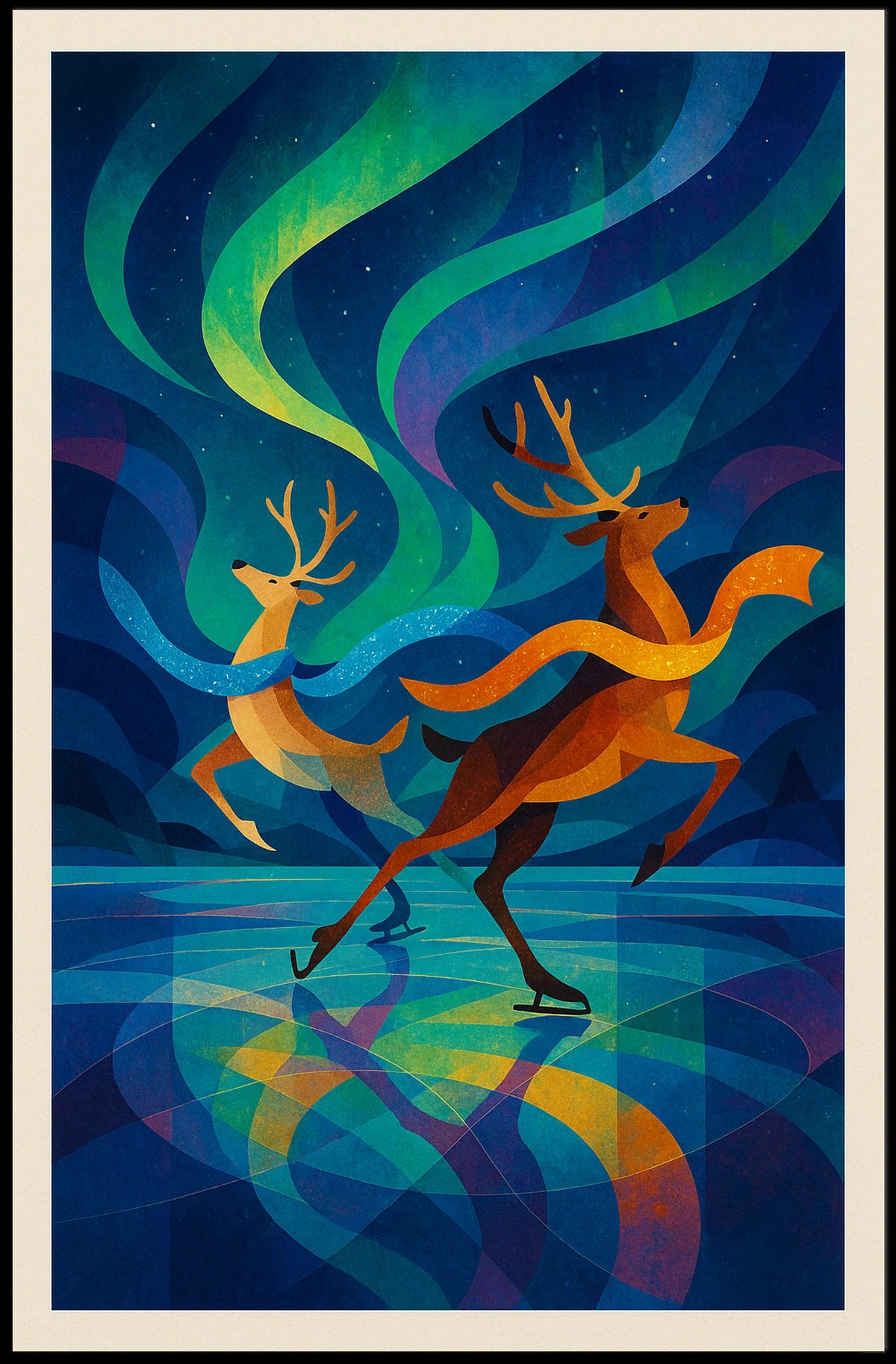 Reindeer Ice Skate Northern Lights Abstract or Artistic Poster