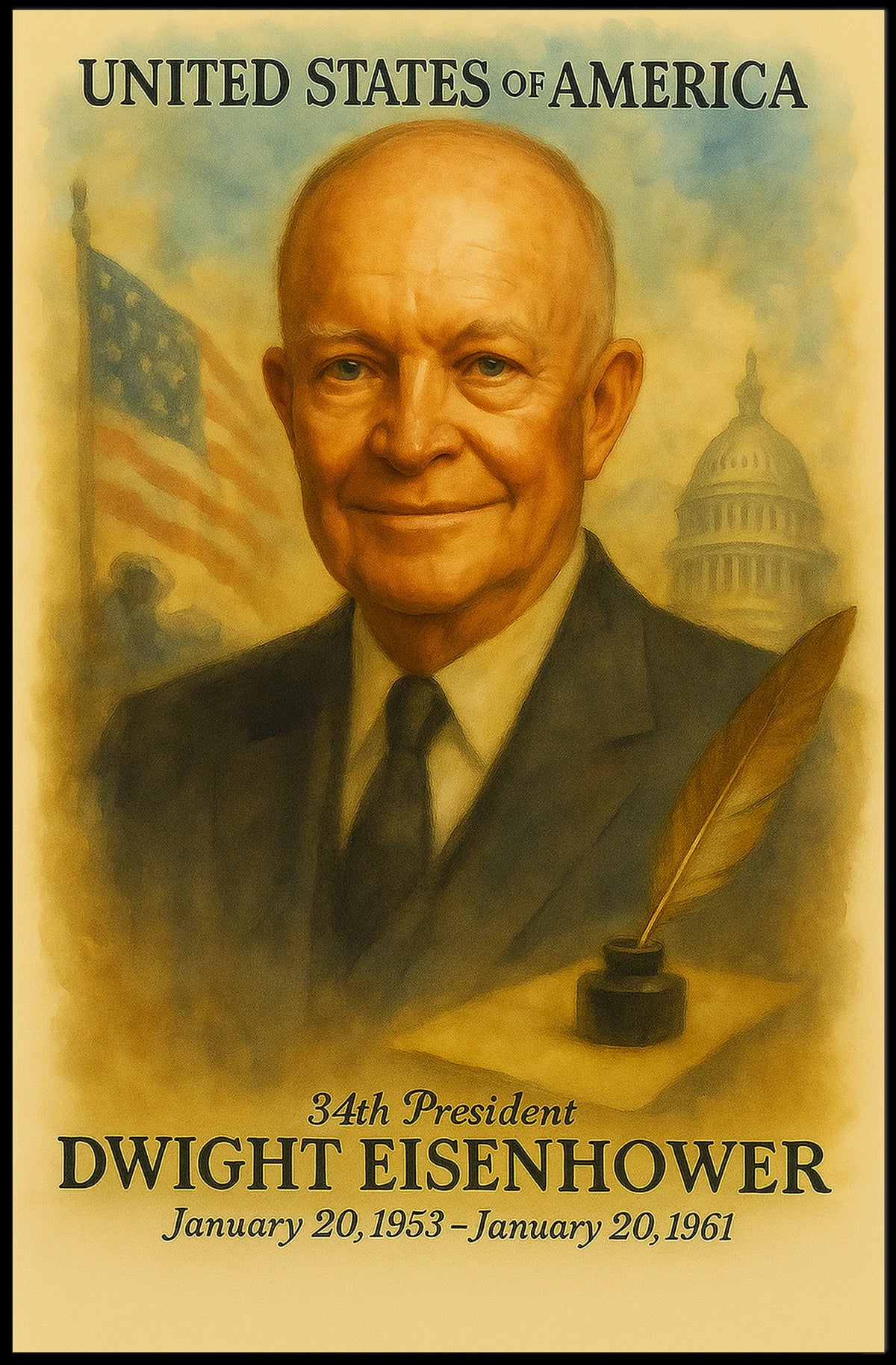 Dwight D. Eisenhower 34th President of the United States Vintage Watercolor Poster