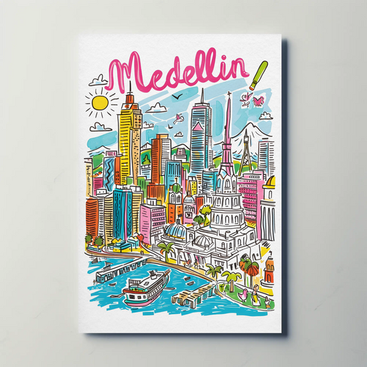 Medellin Colombia Colorful Cityscape and Mountains Travel Poster