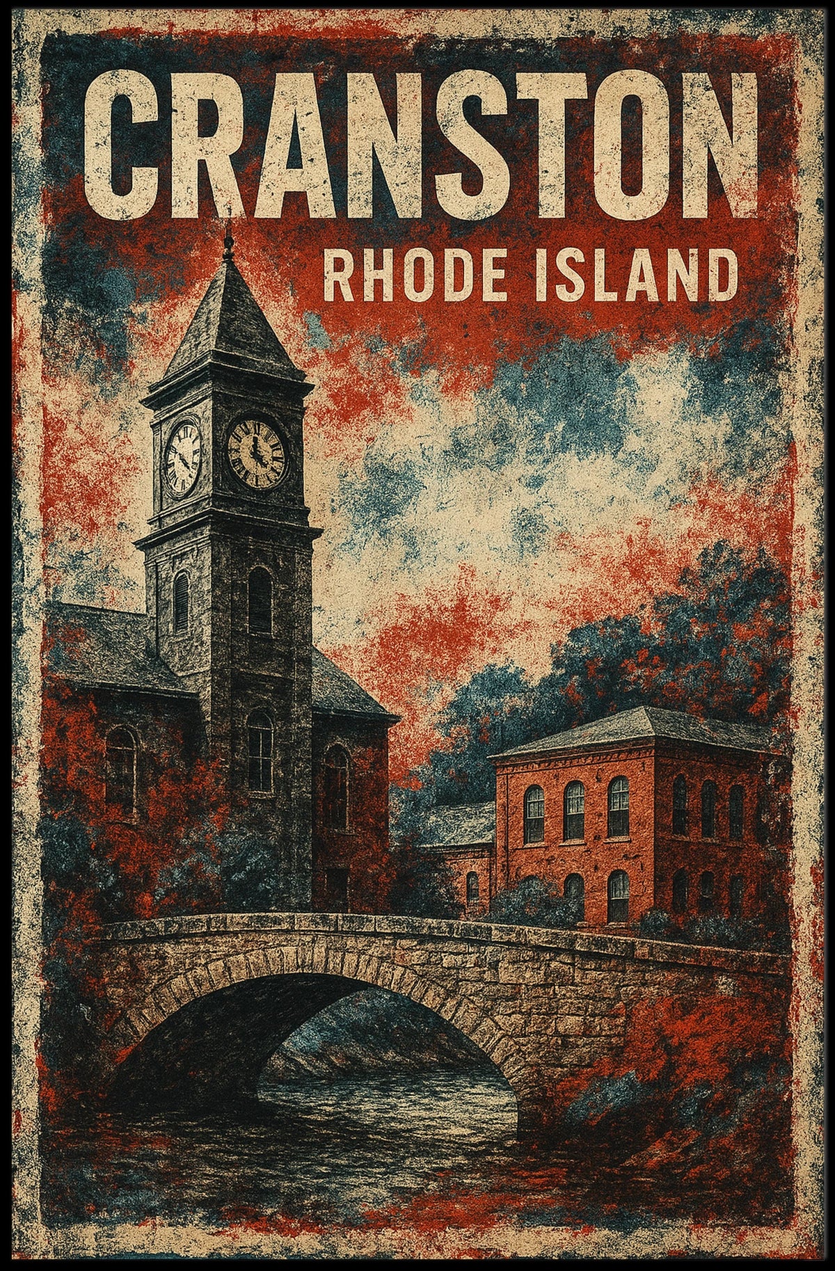 Cranston Rhode Island City Illustration Vintage Map Inspired Travel Decor Heritage Poster
