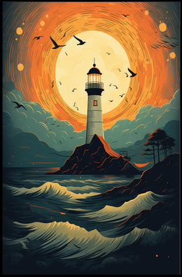 Lighthouse At Sunset Poster PosterGoat