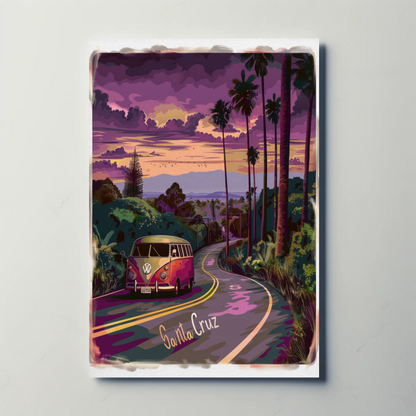 Santa Cruz Sunset Road VW Van Retro Travel Poster