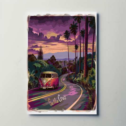 Santa Cruz Sunset Road VW Van Retro Travel Poster