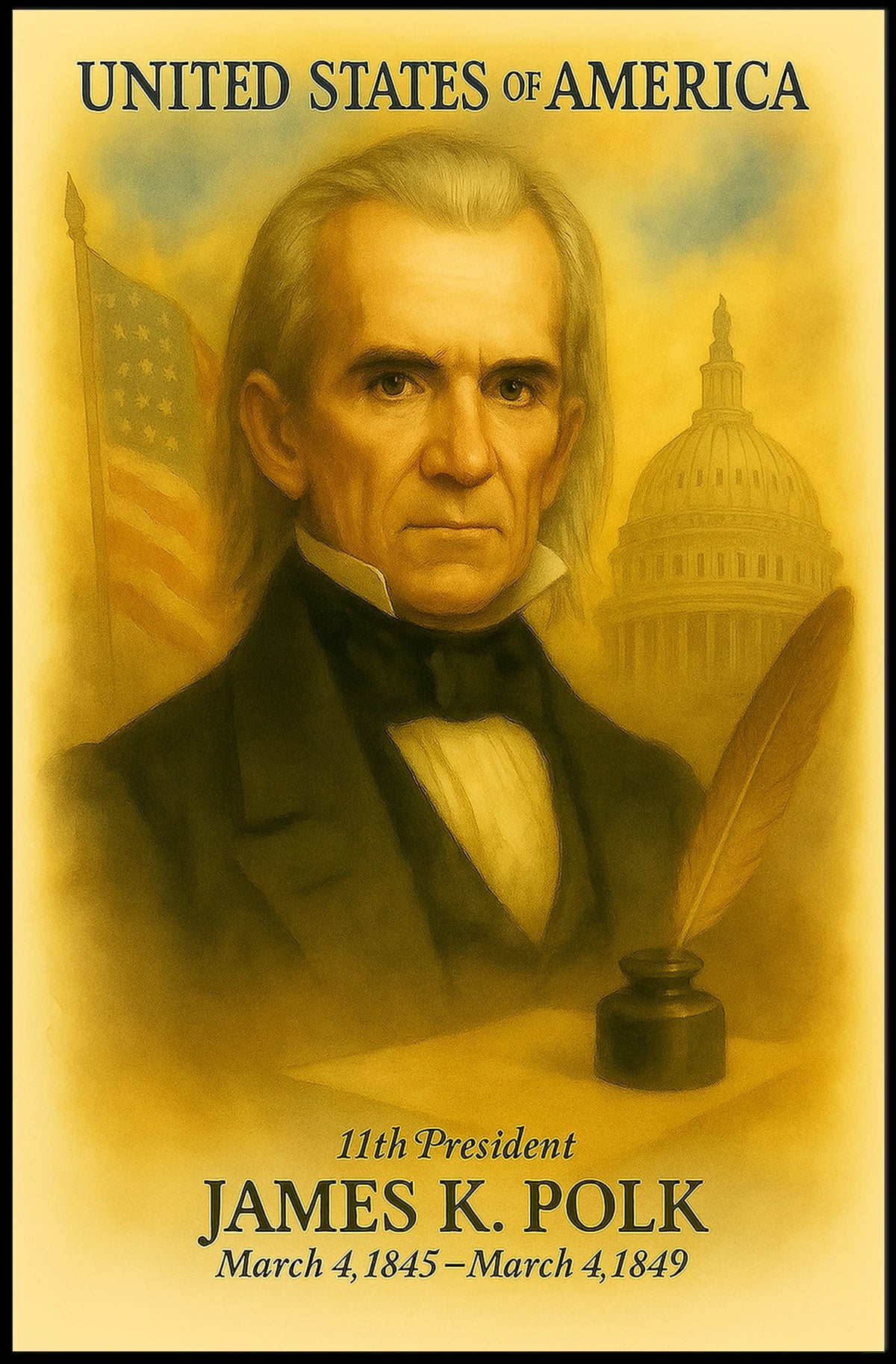 James K. Polk 11th President of the United States Vintage Watercolor Poster
