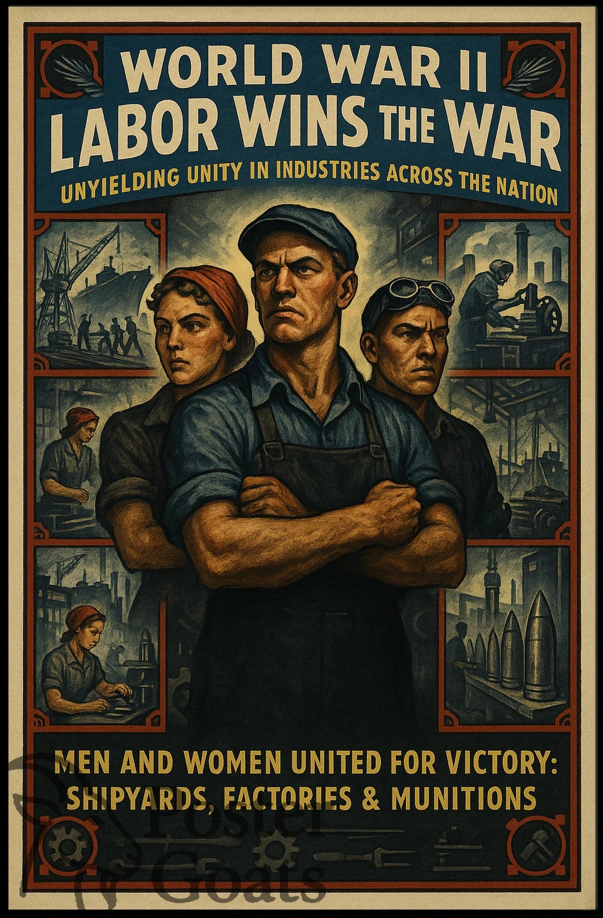 WWII Industrial Workforce Unity Vintage WWII Poster