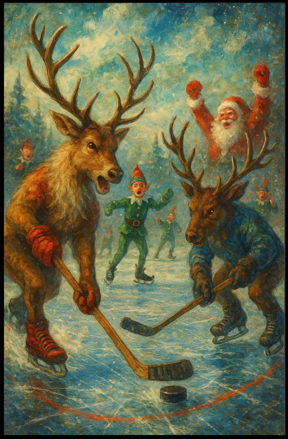 Festive Reindeer Ice Hockey in Winter Wonderland Sports Poster